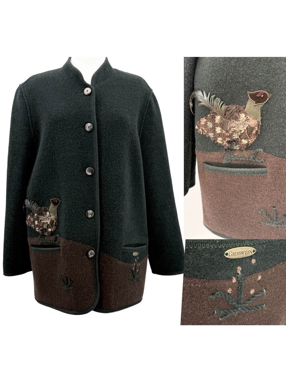 Giesswein Austria Boiled Wool Jacket Cardigan Vintage Bird Women’s Size 44 US 12